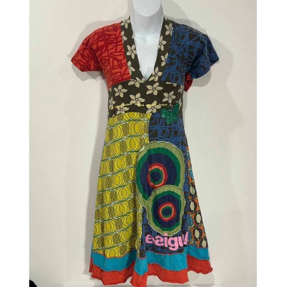 Desigual Vintage Y2K Patchwork Geometric Plunge V-Neck Midi Dress Butterfly M